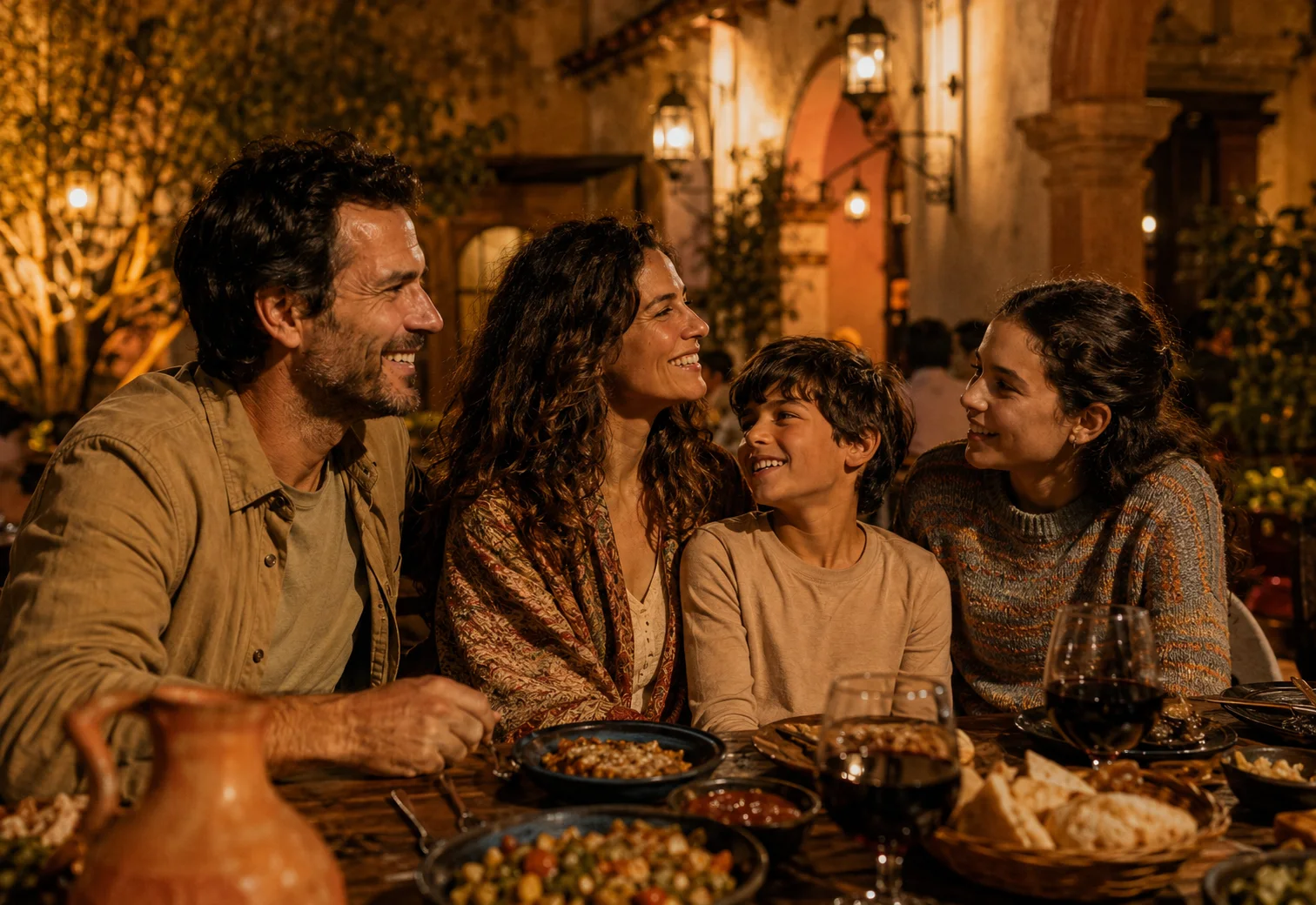 Familia Ferreyra compartiendo una cena nocturna en Salta