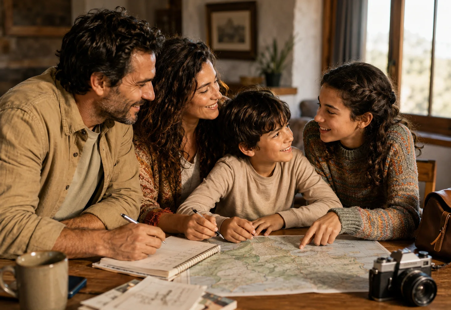 Familia Ferreyra planificando su próximo viaje sobre un mapa