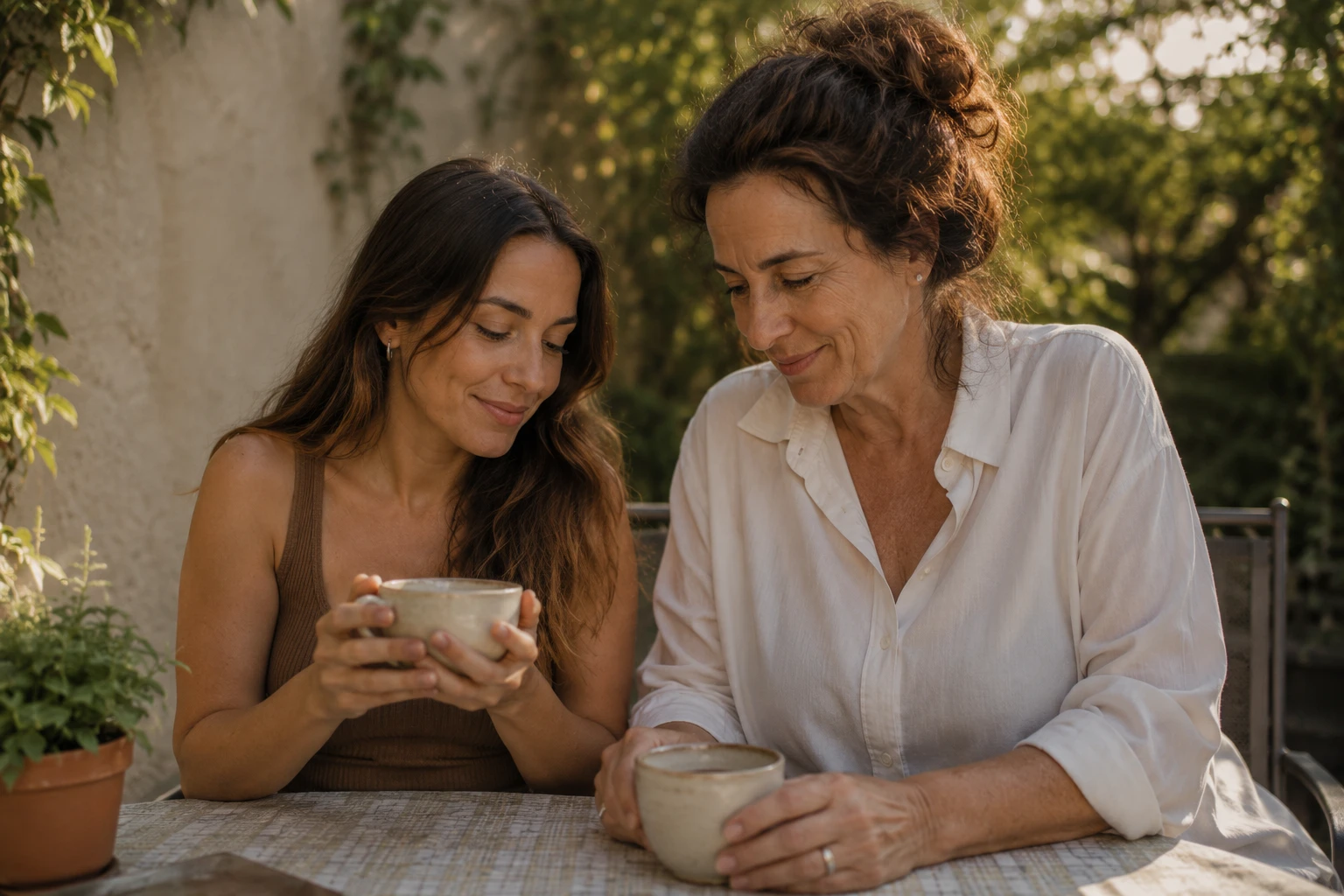 Lucía y mamá compartiendo un momento sereno en el presente.