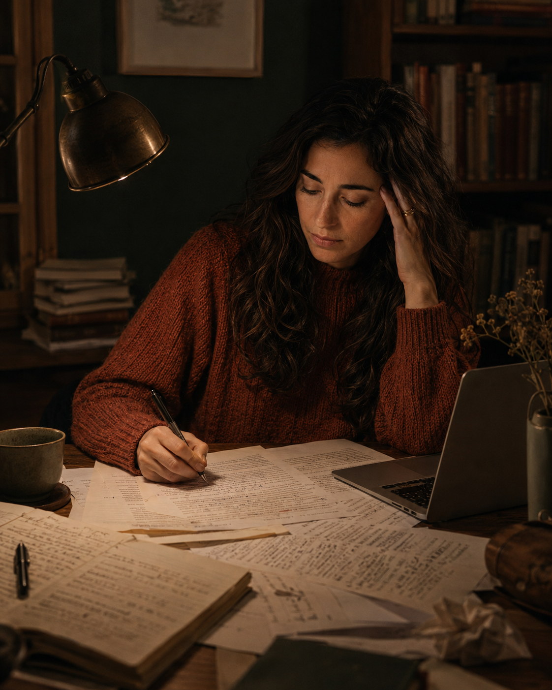 Clara trabajando de noche en el manuscrito