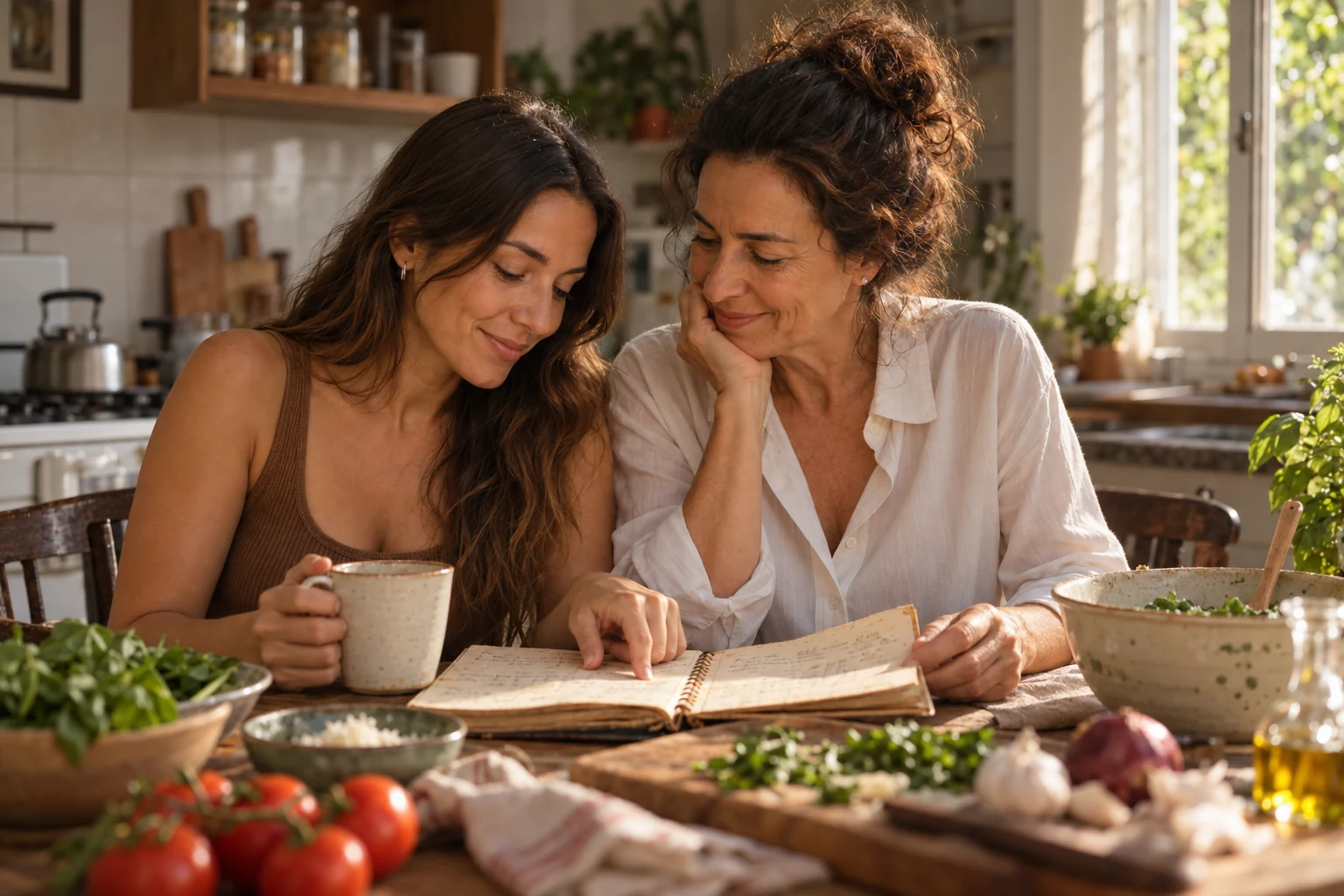 Lucía y Elena comparten una receta en la cocina