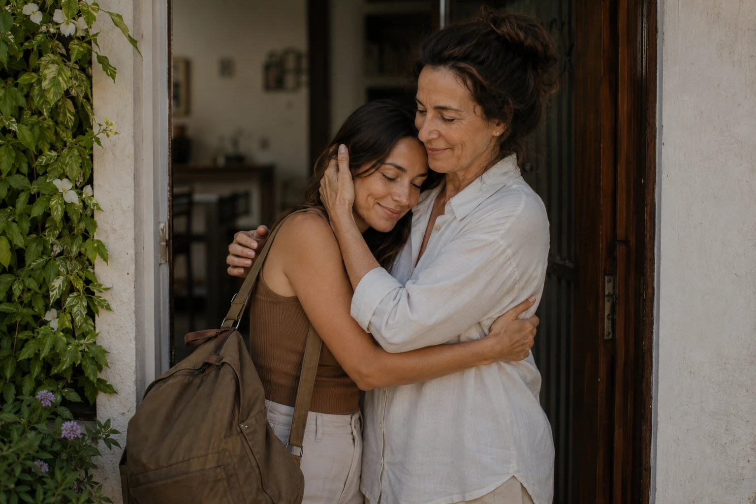 Lucía y Elena se abrazan al salir de casa