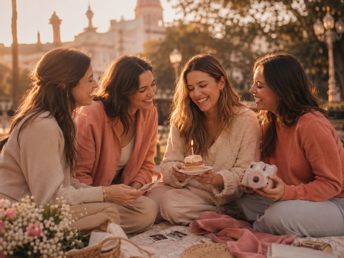 Amigas celebrando juntas al atardecer en una plaza