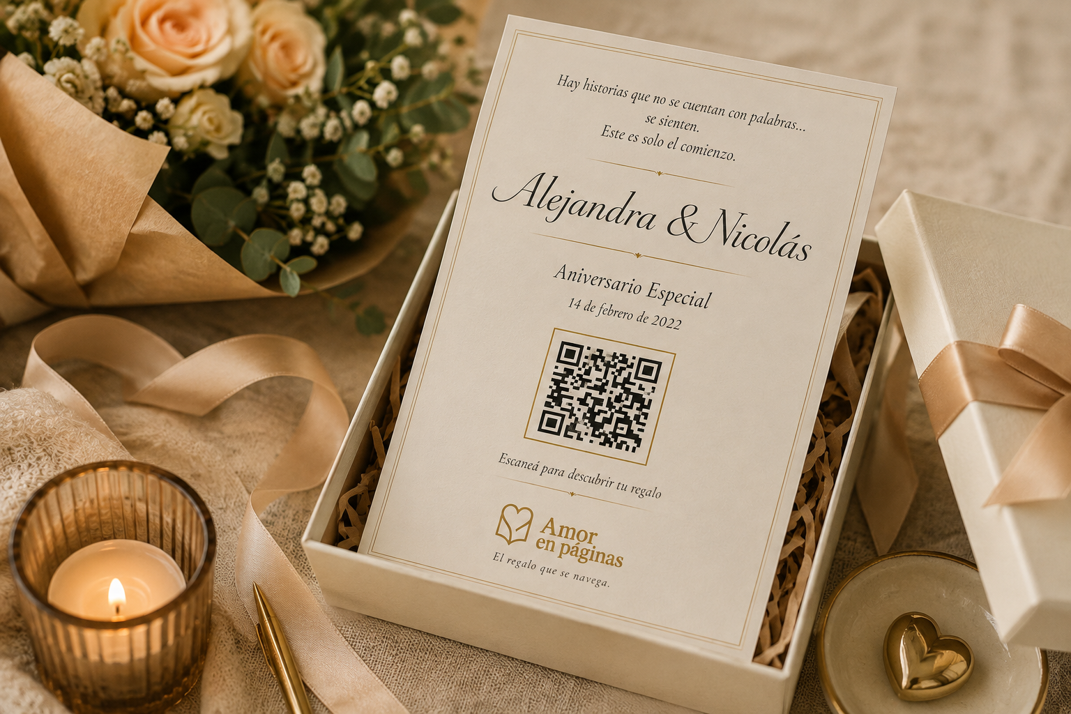 Mockup de entrega de Amor en Páginas con tarjeta personalizada y código QR